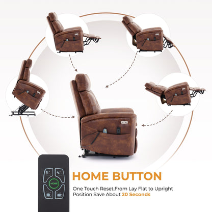 Fauteuil inclinable électrique en cuir marron avec massage 8 points, chauffage lombaire, ports USB et Type-C, conception à plat