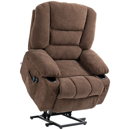 Fauteuil inclinable releveur marron avec massage par vibration, chauffage, télécommande, installation rapide et poches latérales pratiques