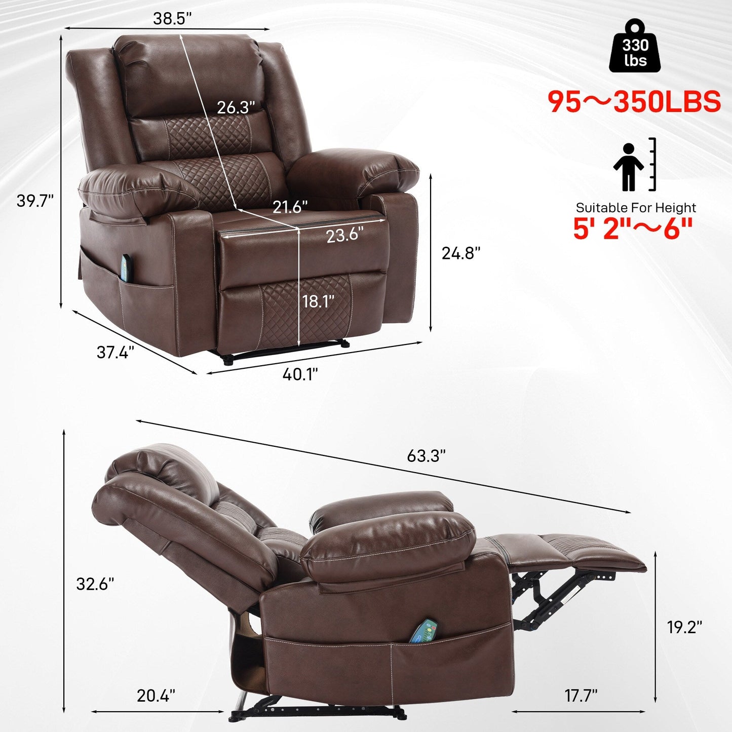 Fauteuil inclinable massant manuel en cuir marron avec vibrations à 8 points, chauffage lombaire et options d'inclinaison multiples