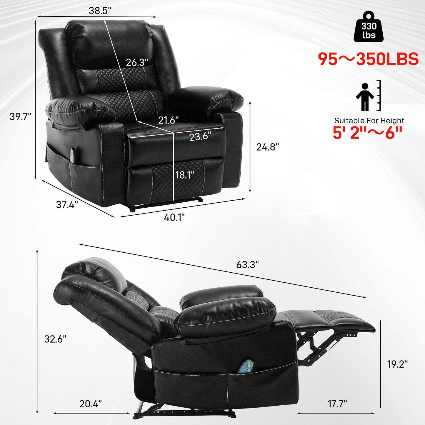Fauteuil inclinable de massage manuel en cuir marron avec vibration à 8 points, chauffage lombaire et diverses positions d'inclinaison