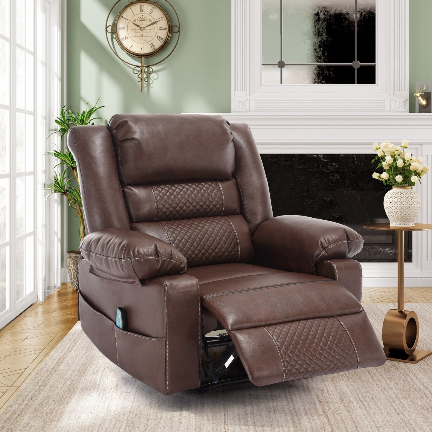 Fauteuil inclinable de massage manuel en cuir marron avec vibration à 8 points, chauffage lombaire et diverses positions d'inclinaison