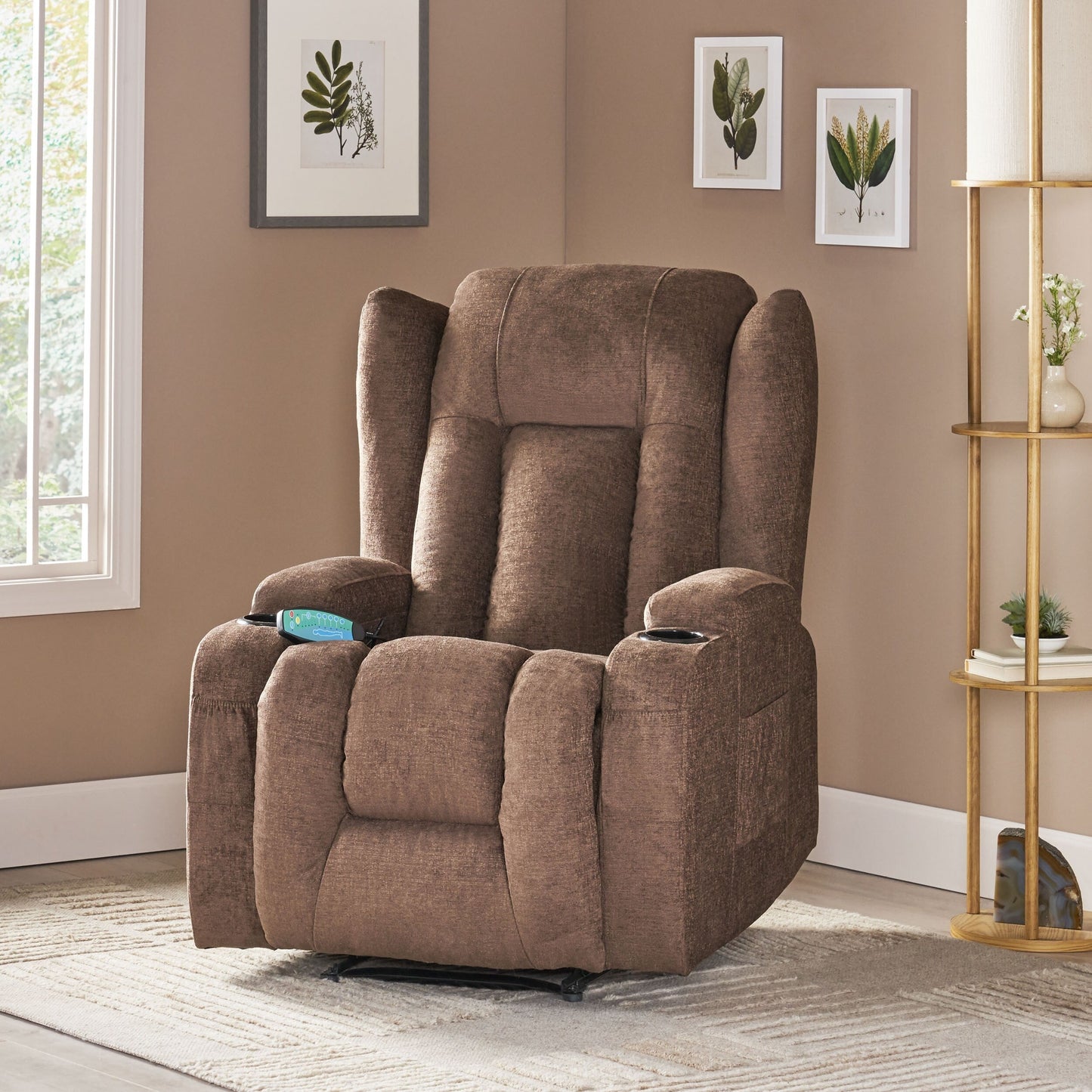 Fauteuil de massage inclinable marron avec chauffage, 5 modes de massage, porte-gobelets, télécommande et fonction d'inclinaison manuelle