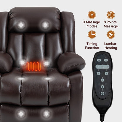 Fauteuil inclinable électrique marron de taille moyenne en cuir véritable avec deux moteurs, massage en 8 points et chauffage lombaire