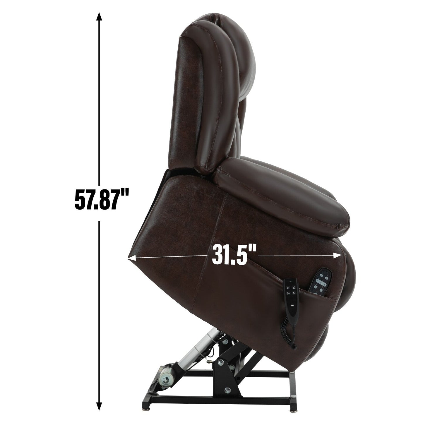 Fauteuil inclinable électrique marron de taille moyenne en cuir véritable avec deux moteurs, massage en 8 points et chauffage lombaire