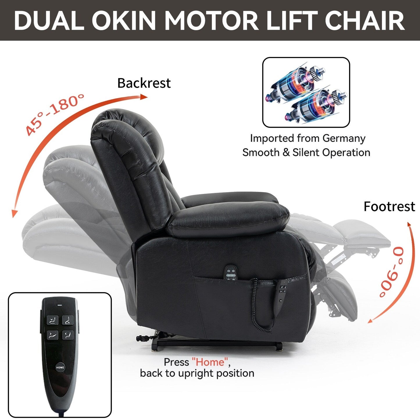 Fauteuil inclinable électrique marron de taille moyenne en cuir véritable avec deux moteurs, massage en 8 points et chauffage lombaire