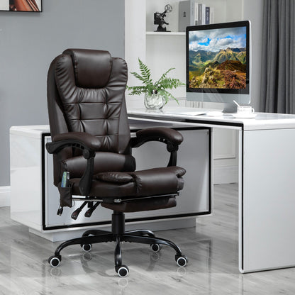 Fauteuil de bureau pivotant à 360° en cuir synthétique marron avec massage vibrant à 7 points, repose-pieds, soutien lombaire et hauteur réglable