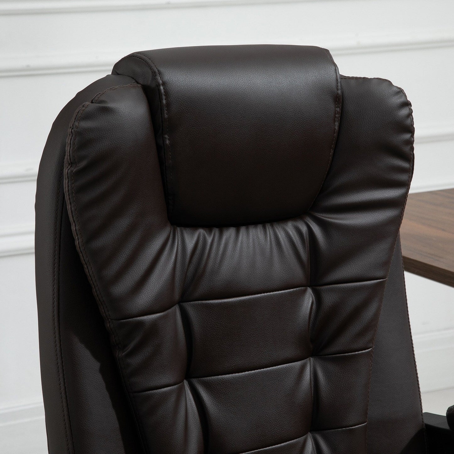 Fauteuil de bureau pivotant à 360° en cuir synthétique marron avec massage vibrant à 7 points, repose-pieds, soutien lombaire et hauteur réglable