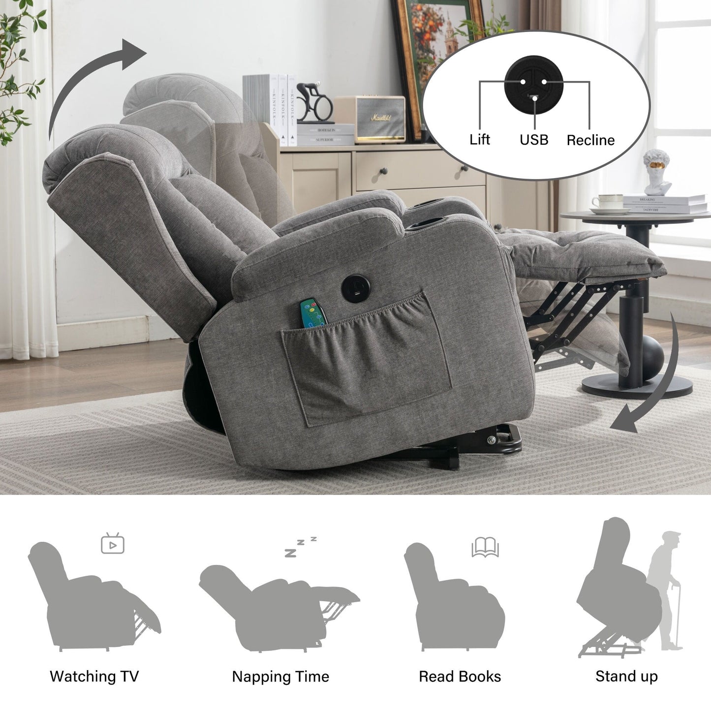 Fauteuil inclinable électrique marron avec chauffage, massage, port USB et poche latérale pour personnes âgées, inclinable et réglable pour le salon