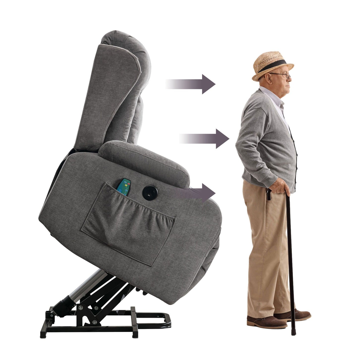 Fauteuil inclinable électrique marron avec chauffage, massage, port USB et poche latérale pour personnes âgées, inclinable et réglable pour le salon