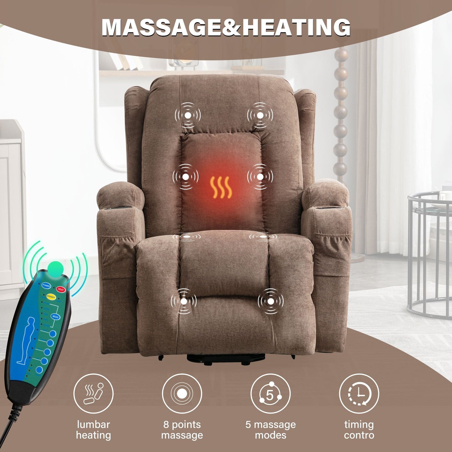 Fauteuil inclinable électrique marron avec chauffage, massage, port USB et poche latérale pour personnes âgées, inclinable et réglable pour le salon