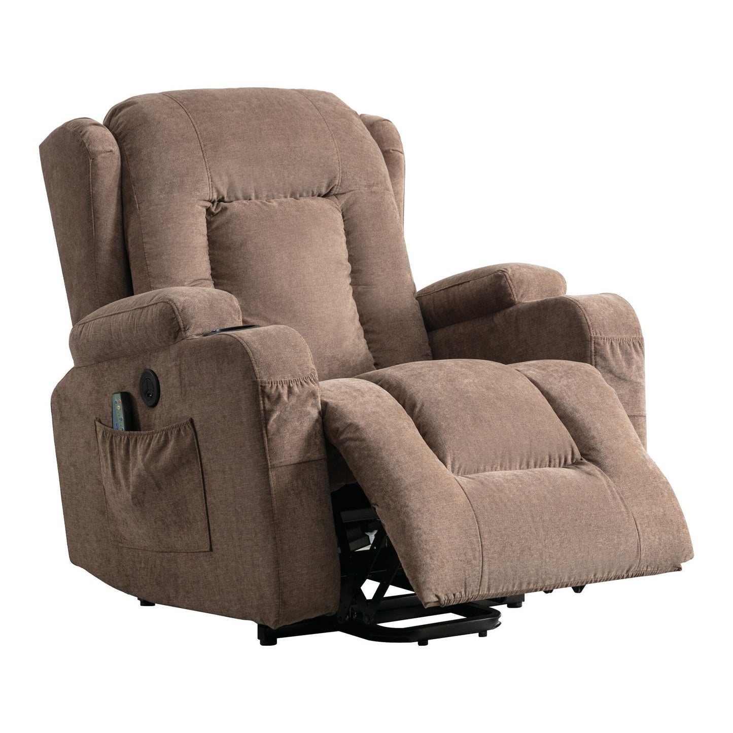 Fauteuil inclinable électrique marron avec chauffage, massage, port USB et poche latérale pour personnes âgées, inclinable et réglable pour le salon