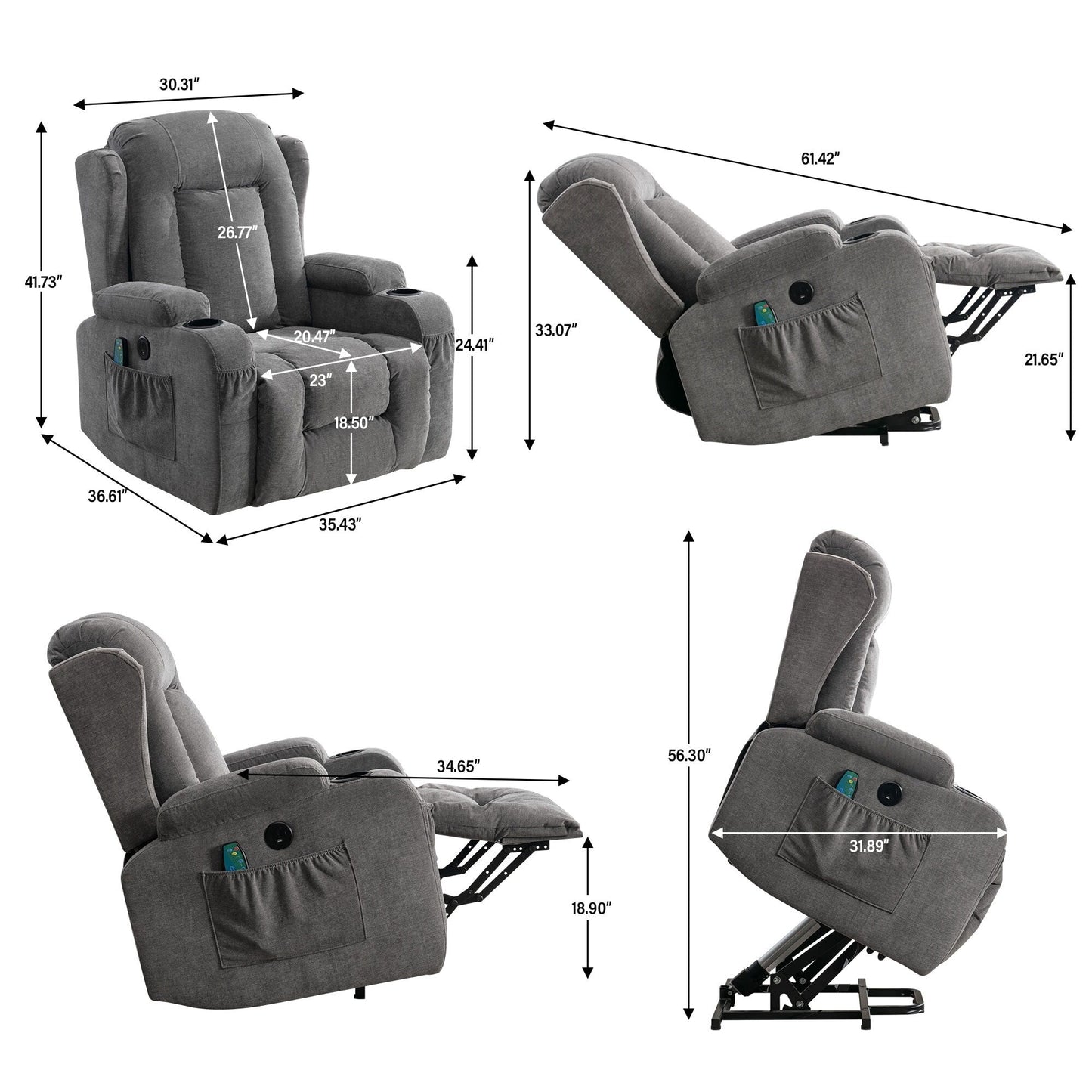Fauteuil inclinable électrique marron avec chauffage, massage, port USB et poche latérale pour personnes âgées, inclinable et réglable pour le salon