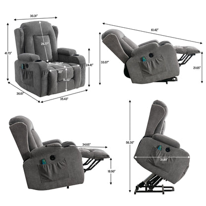 Fauteuil inclinable électrique marron avec chauffage, massage, port USB et poche latérale pour personnes âgées, inclinable et réglable pour le salon
