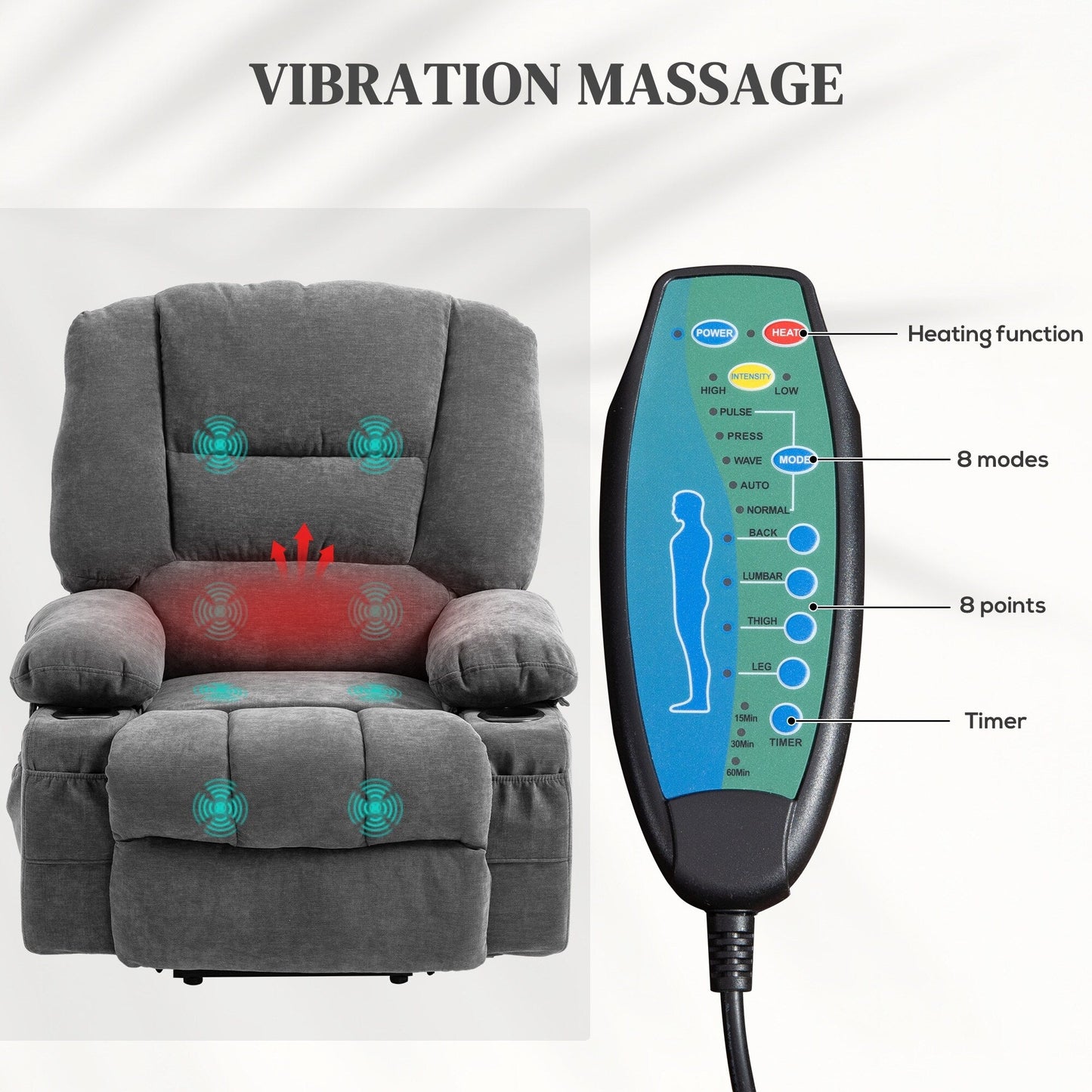 Fauteuil inclinable électrique marron avec massage par vibration, chauffage, télécommande, montage rapide et poches latérales