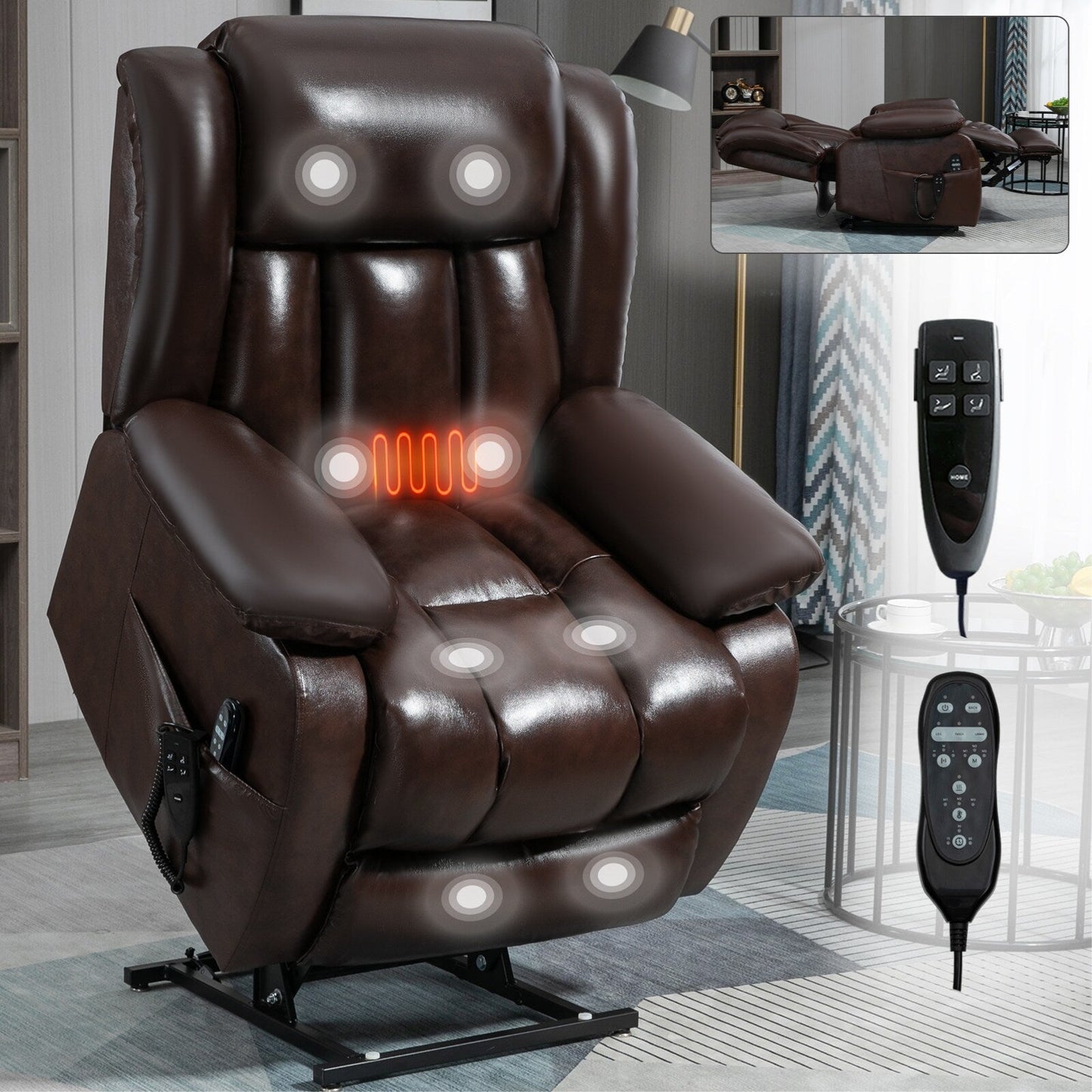 Fauteuil inclinable électrique marron avec deux moteurs, massage en 8 points, chauffage lombaire et positionnement infini