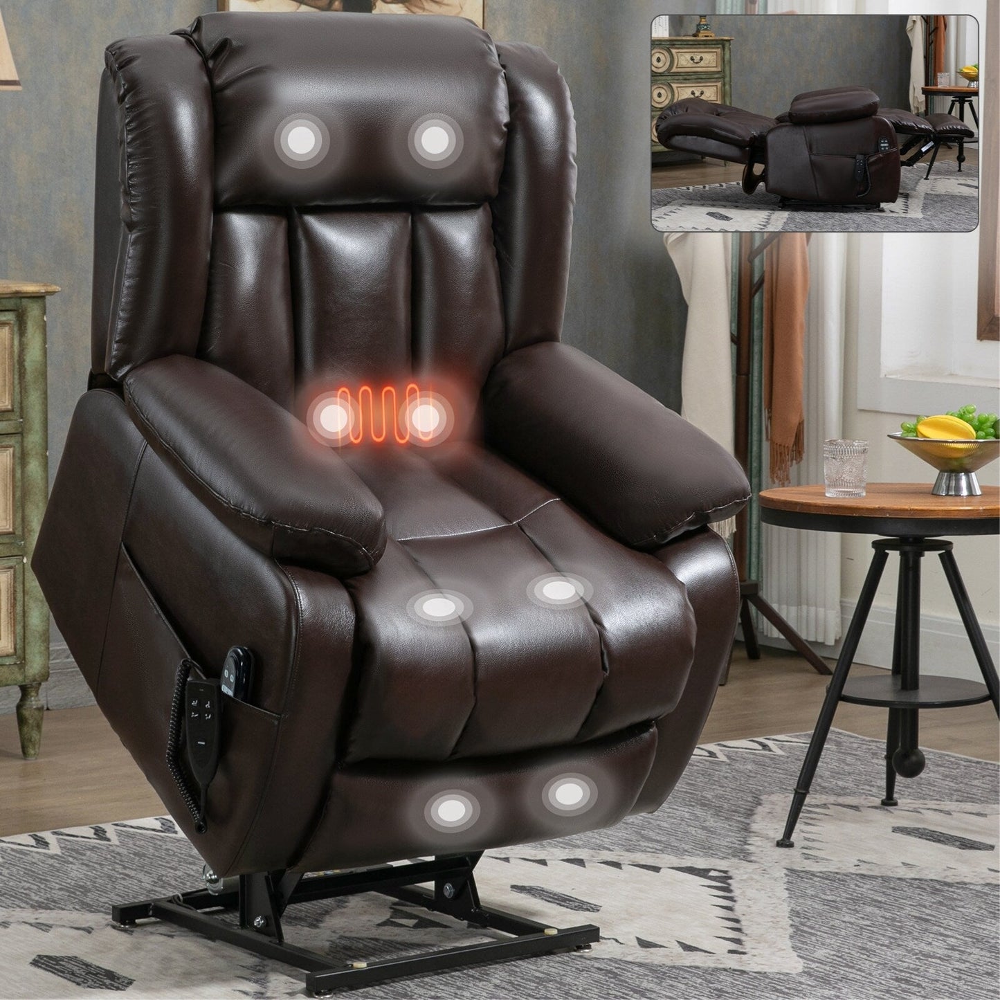 Fauteuil inclinable électrique marron avec deux moteurs, massage par vibrations à 8 points et support lombaire chauffant