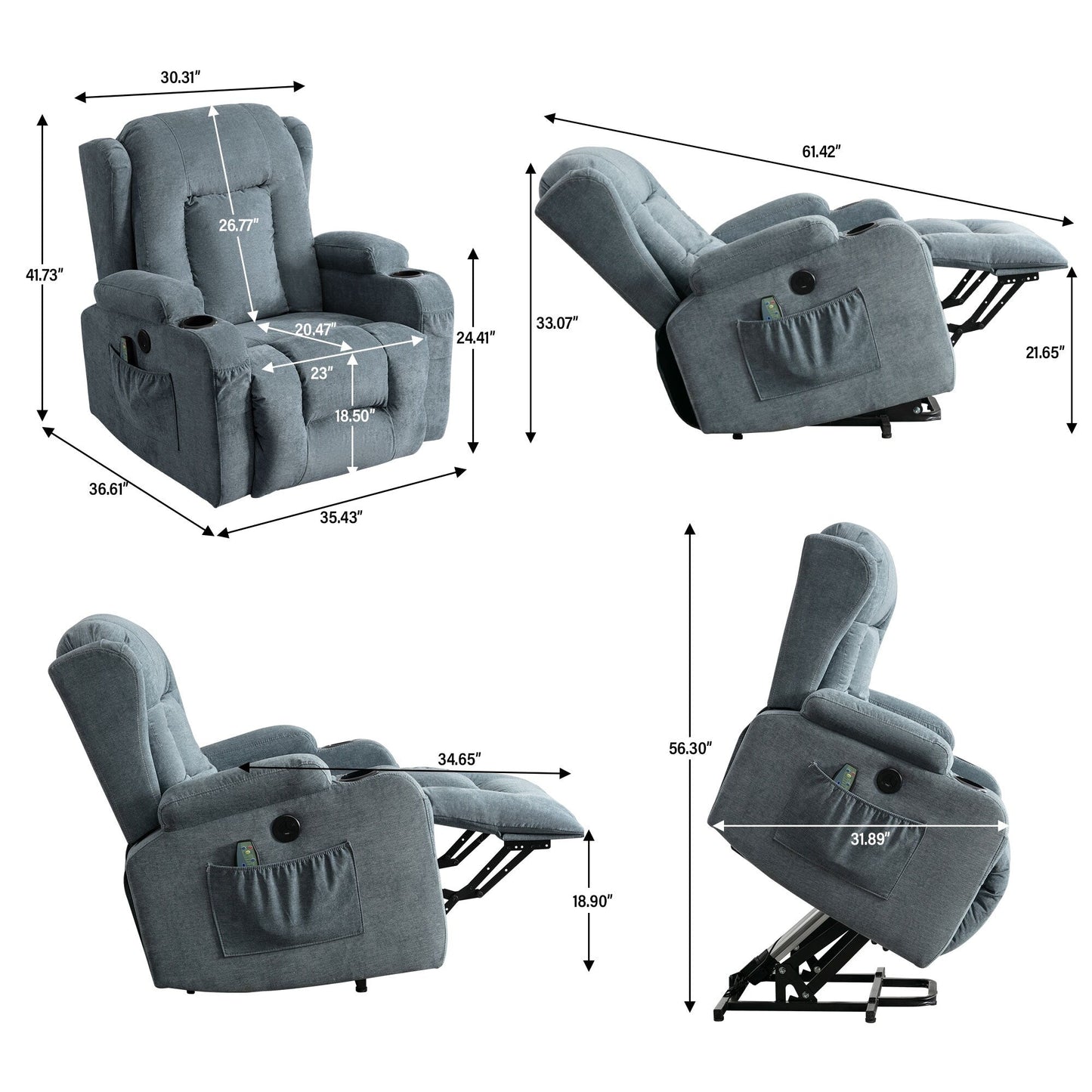 Fauteuil inclinable électrique marron avec chauffage, massage, port USB, poche de rangement latérale et inclinaison réglable pour personnes âgées