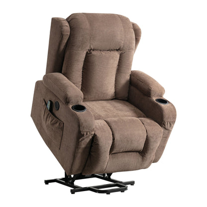 Fauteuil inclinable électrique marron avec chauffage, massage, port USB, poche latérale et inclinaison réglable pour un confort optimal au salon