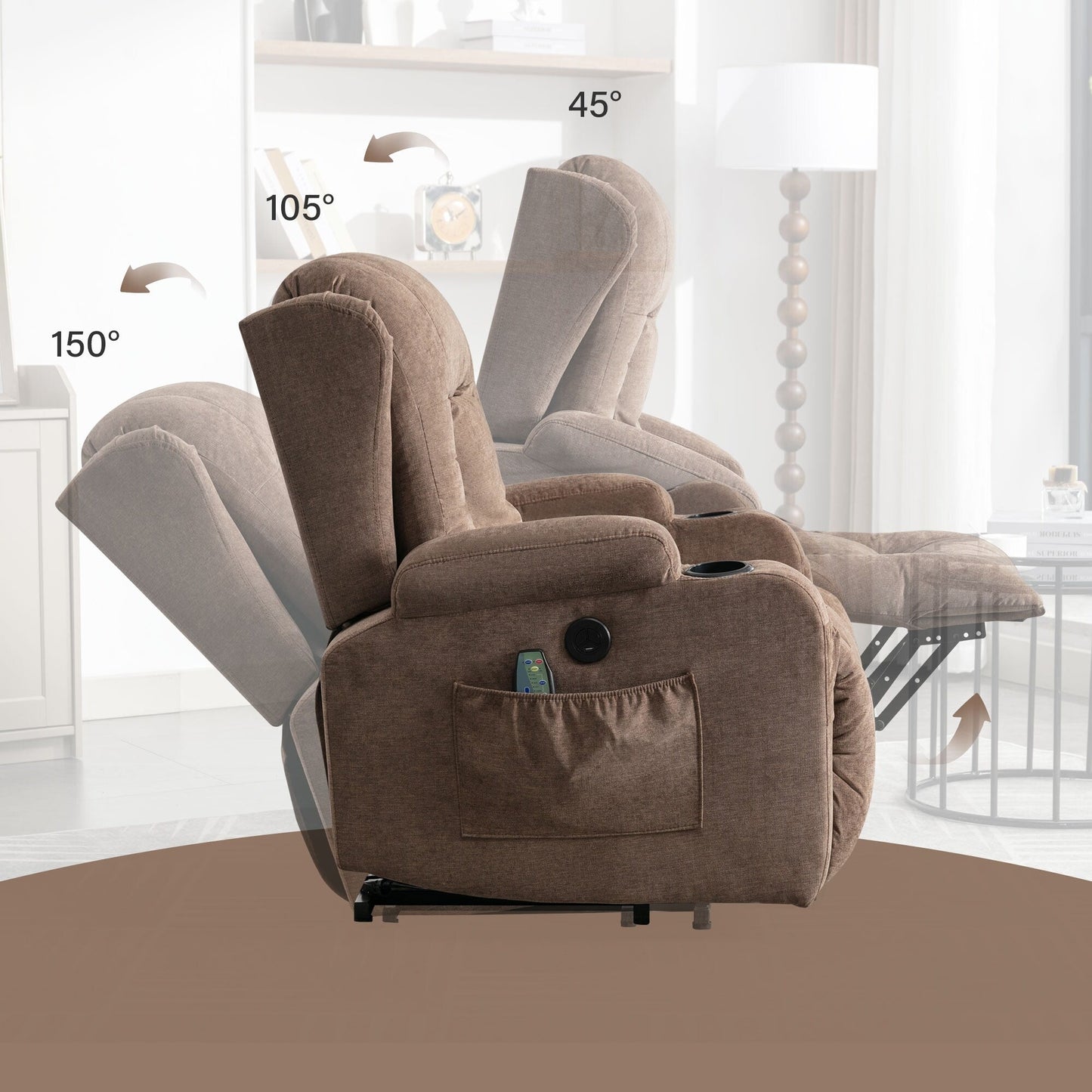 Fauteuil inclinable électrique marron avec chauffage, massage, port USB, poche latérale et inclinaison réglable pour un confort optimal au salon