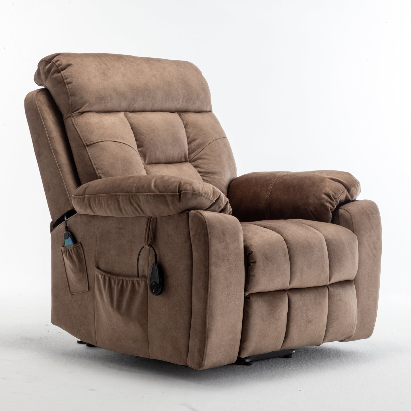 Fauteuil inclinable électrique marron avec massage, chauffage lombaire, moteur allemand silencieux, tissu luxueux en duvet d'oie et porte-gobelets