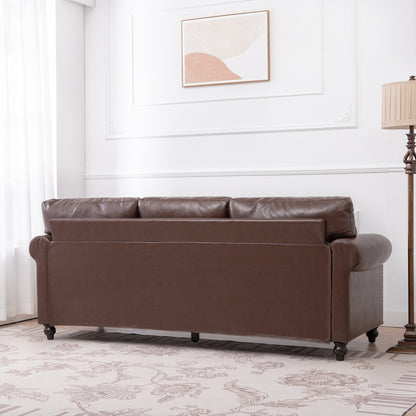 Canapé 3 places rembourré en Pu marron 83,86 avec clous et pieds en bouleau pour le salon