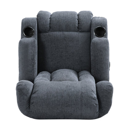 Fauteuil inclinable marron avec 5 modes de massage, chauffage et télécommande, deux porte-gobelets, inclinaison manuelle et poche de rangement latérale.