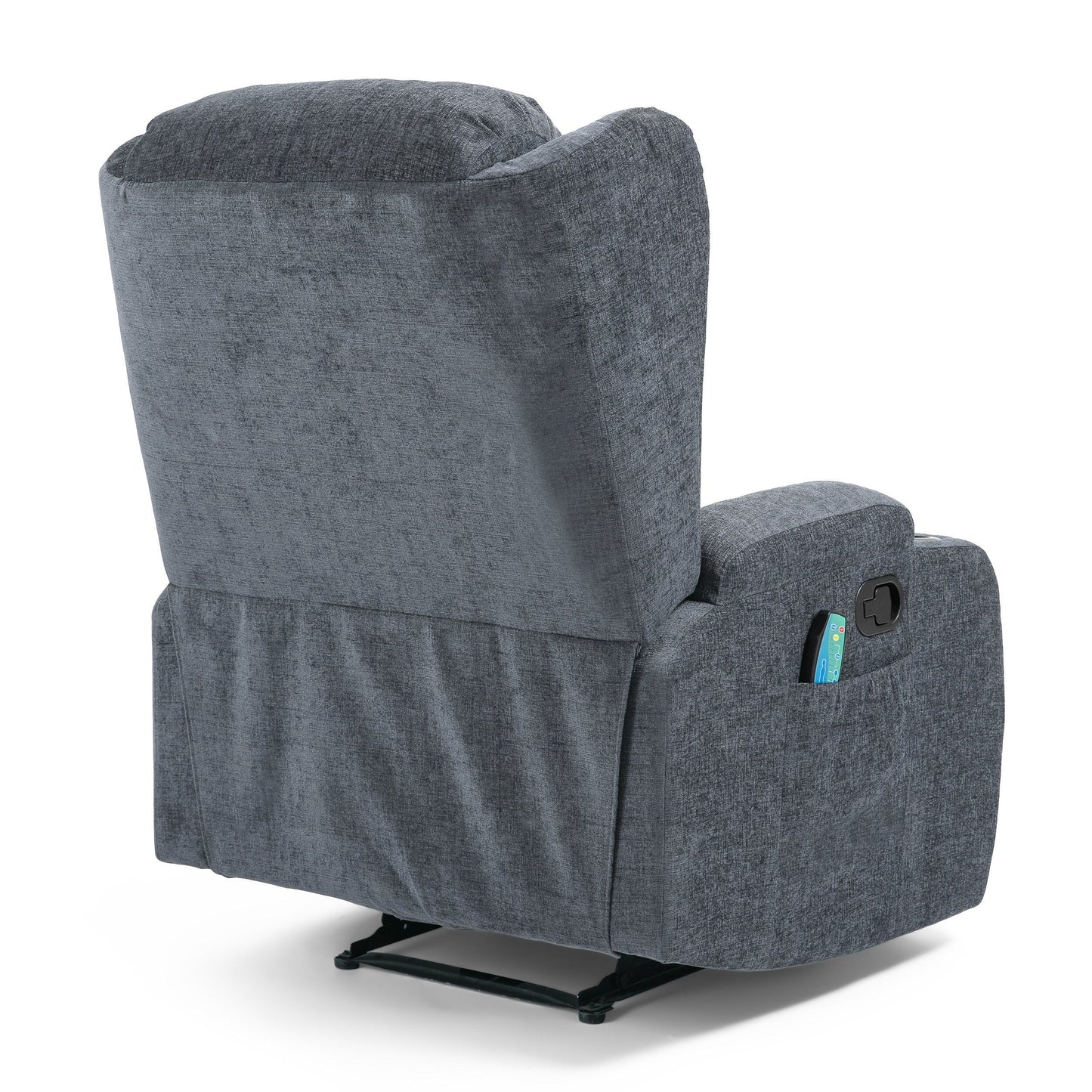 Fauteuil inclinable marron avec 5 modes de massage, chauffage et télécommande, deux porte-gobelets, inclinaison manuelle et poche de rangement latérale.
