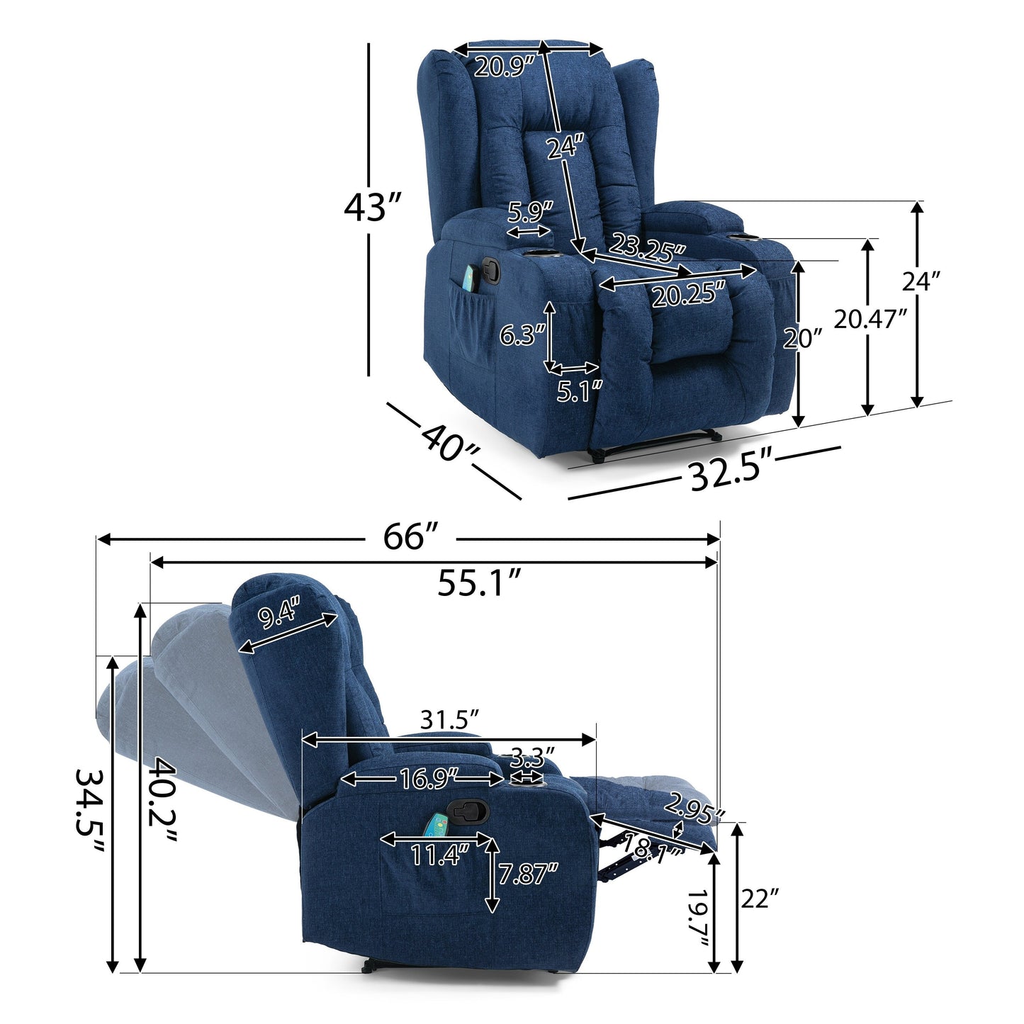 Fauteuil inclinable marron avec 5 modes de massage, chauffage et télécommande, deux porte-gobelets, inclinaison manuelle et poche de rangement latérale.