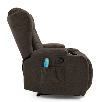 Fauteuil inclinable marron avec inclinaison manuelle, 5 modes de massage, chauffage, deux porte-gobelets, télécommande et rangement latéral