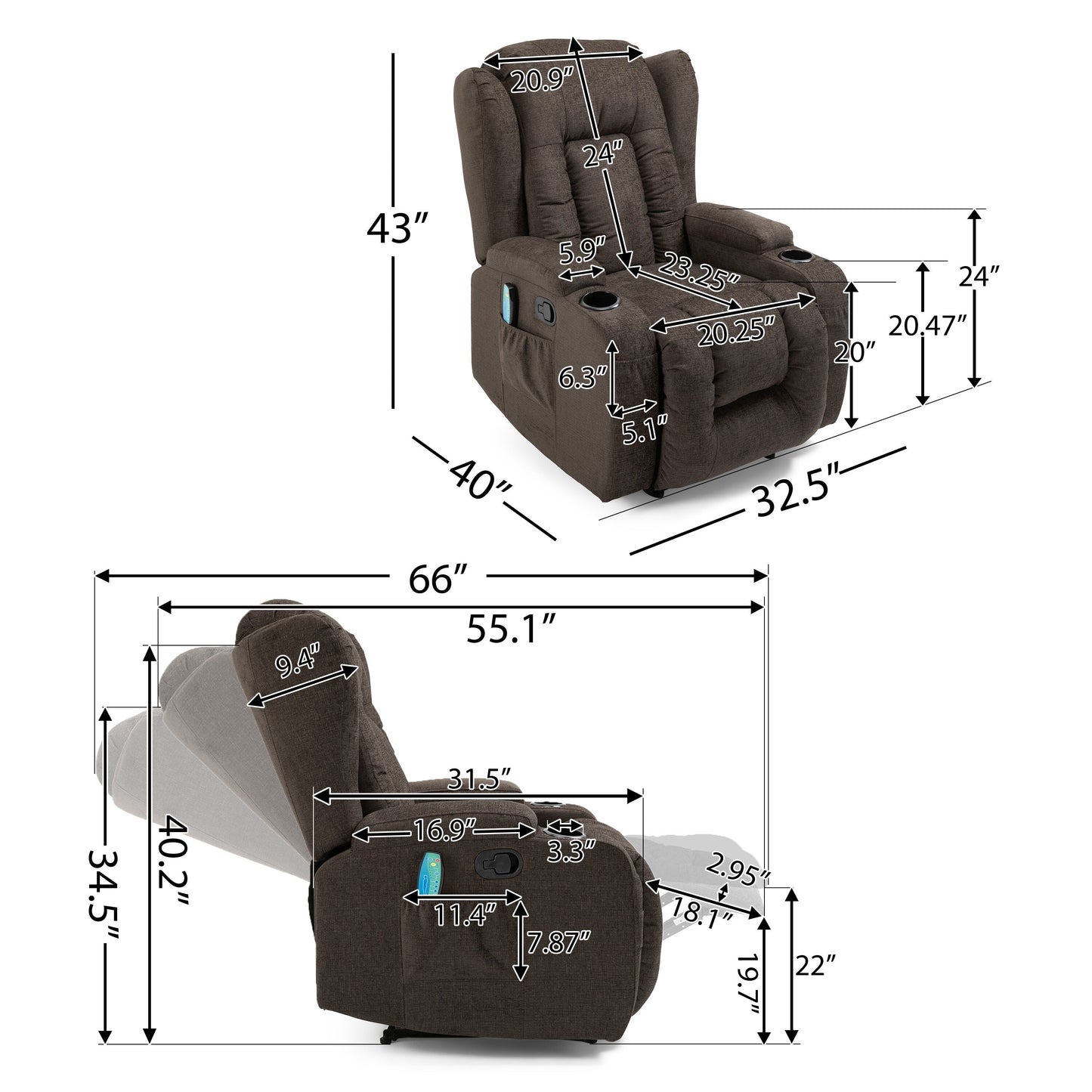 Fauteuil inclinable marron avec massage, chauffage et inclinaison manuelle