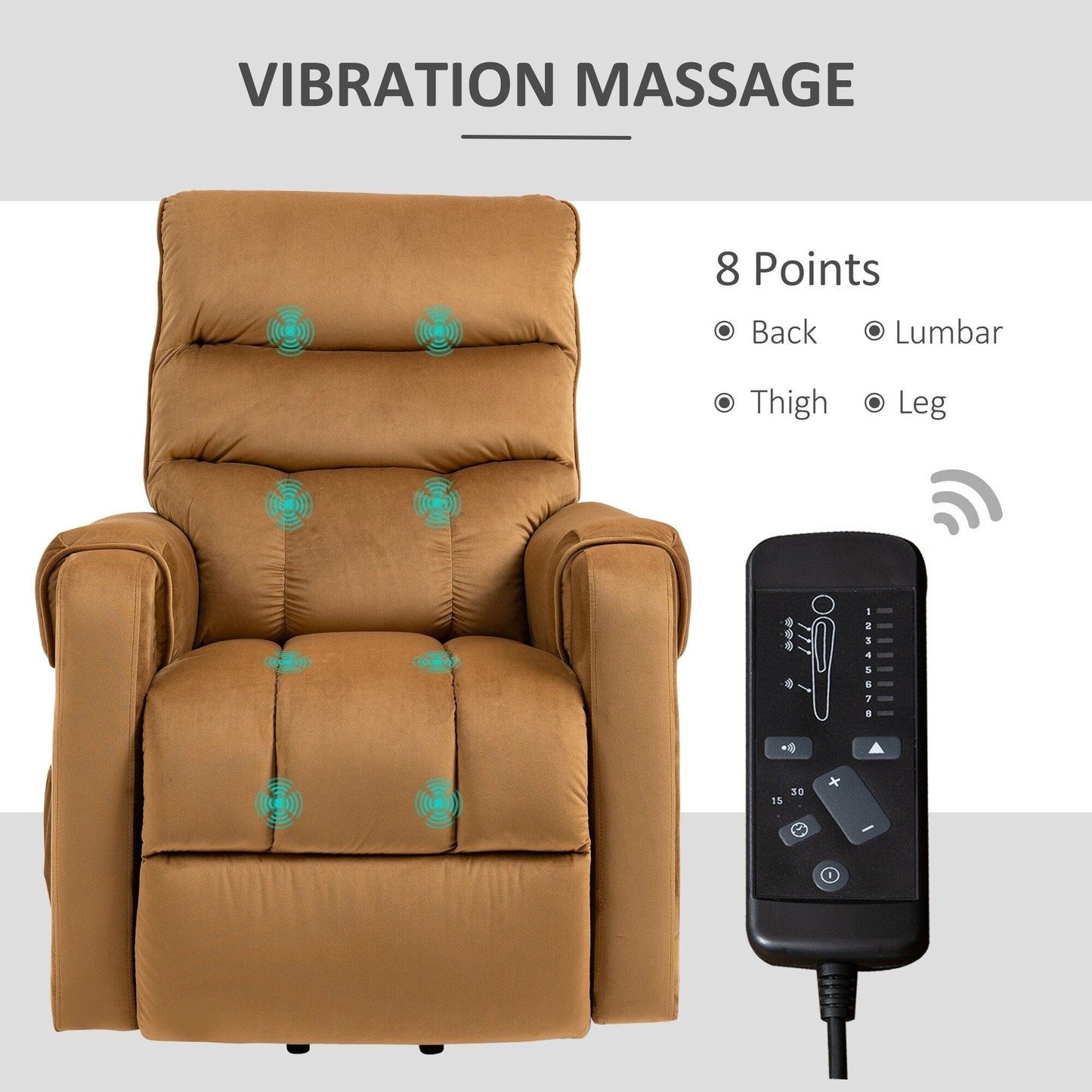 Fauteuil inclinable releveur en velours marron avec massage, télécommande et inclinaison réglable