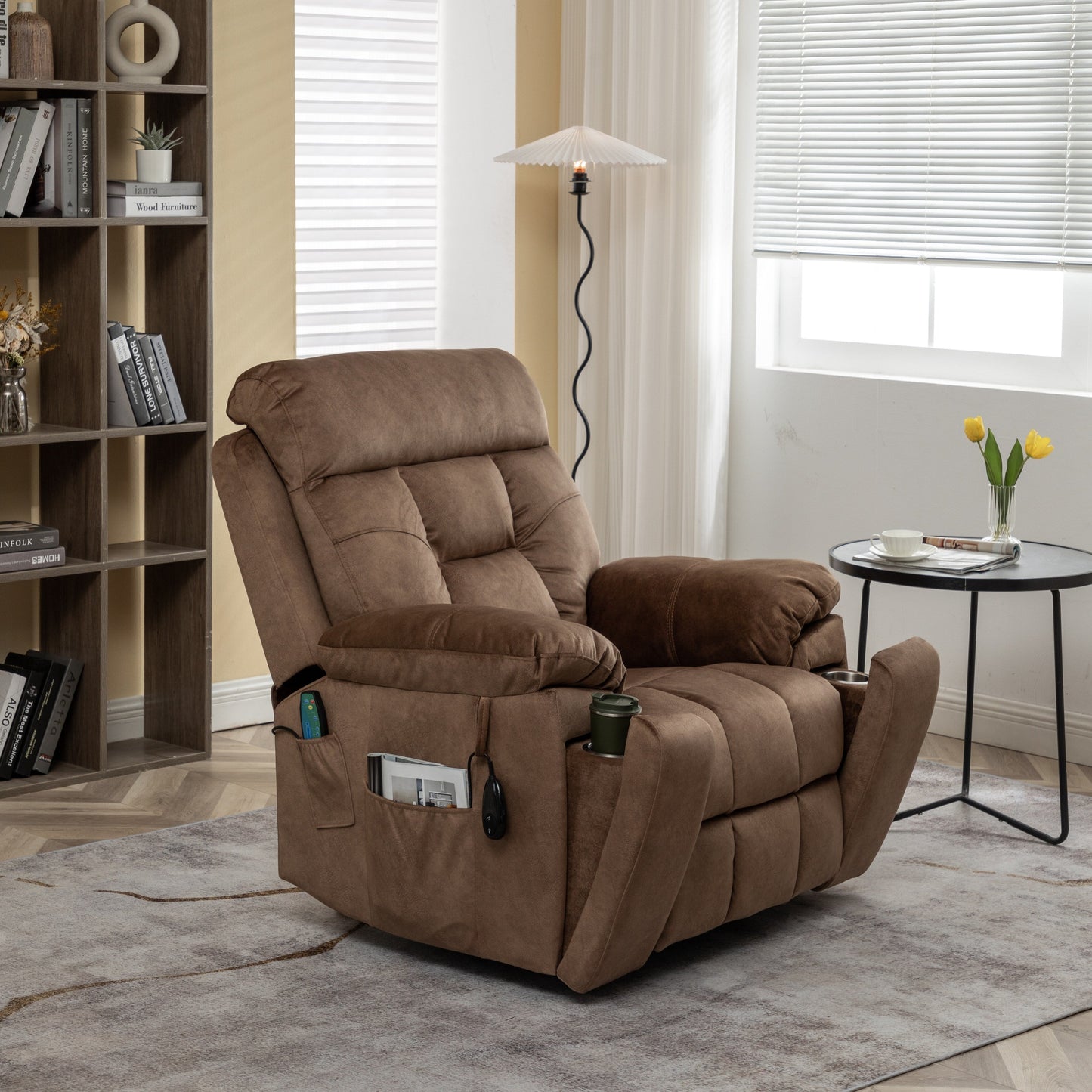 Fauteuil inclinable releveur en velours marron, massage, porte-gobelet dissimulé, poches