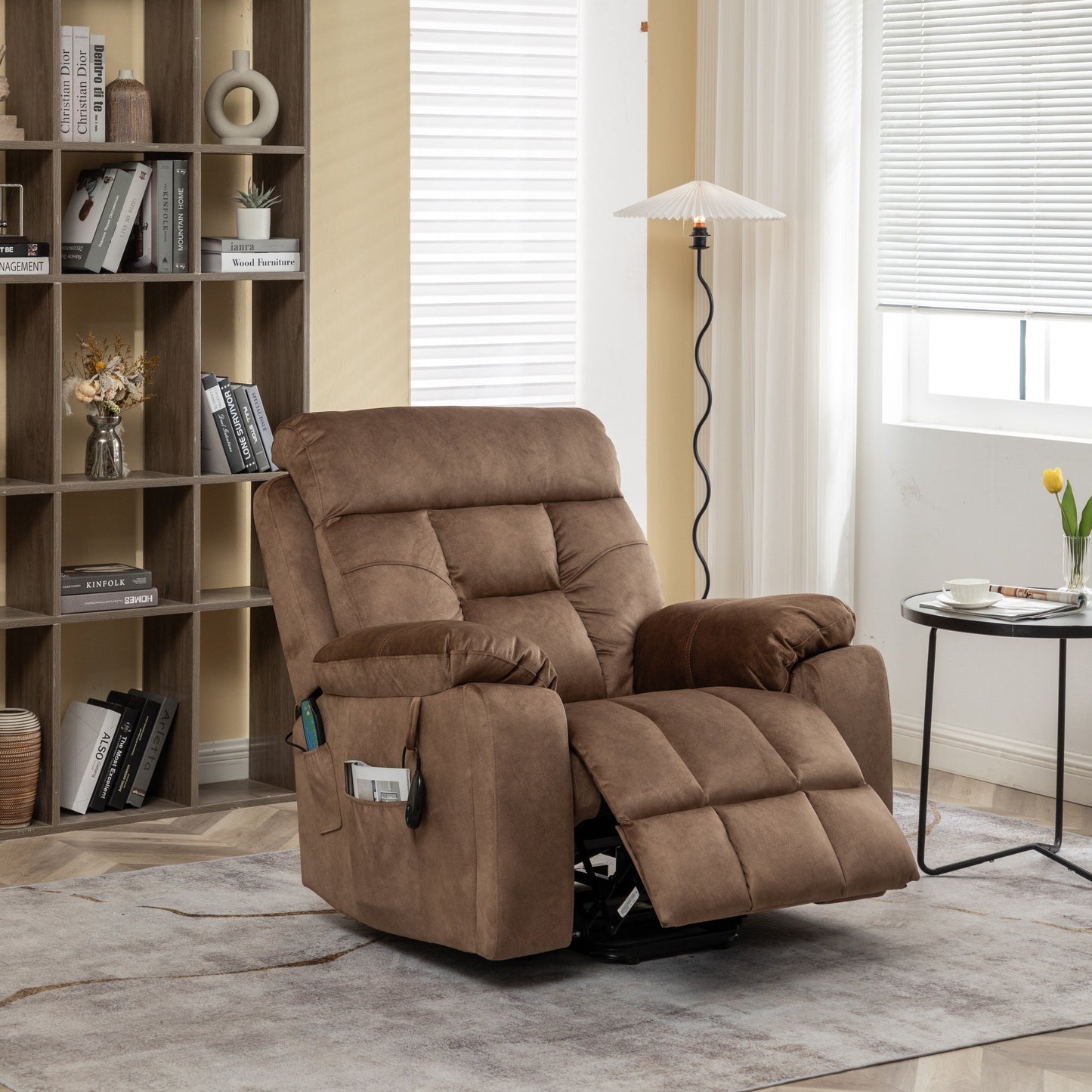 Fauteuil inclinable releveur en velours marron, massage, porte-gobelet dissimulé, poches