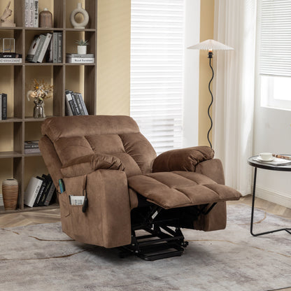 Fauteuil inclinable releveur en velours marron, massage, porte-gobelet dissimulé, poches