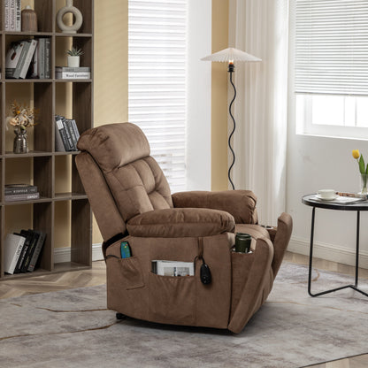Fauteuil inclinable releveur en velours marron, massage, porte-gobelet dissimulé, poches