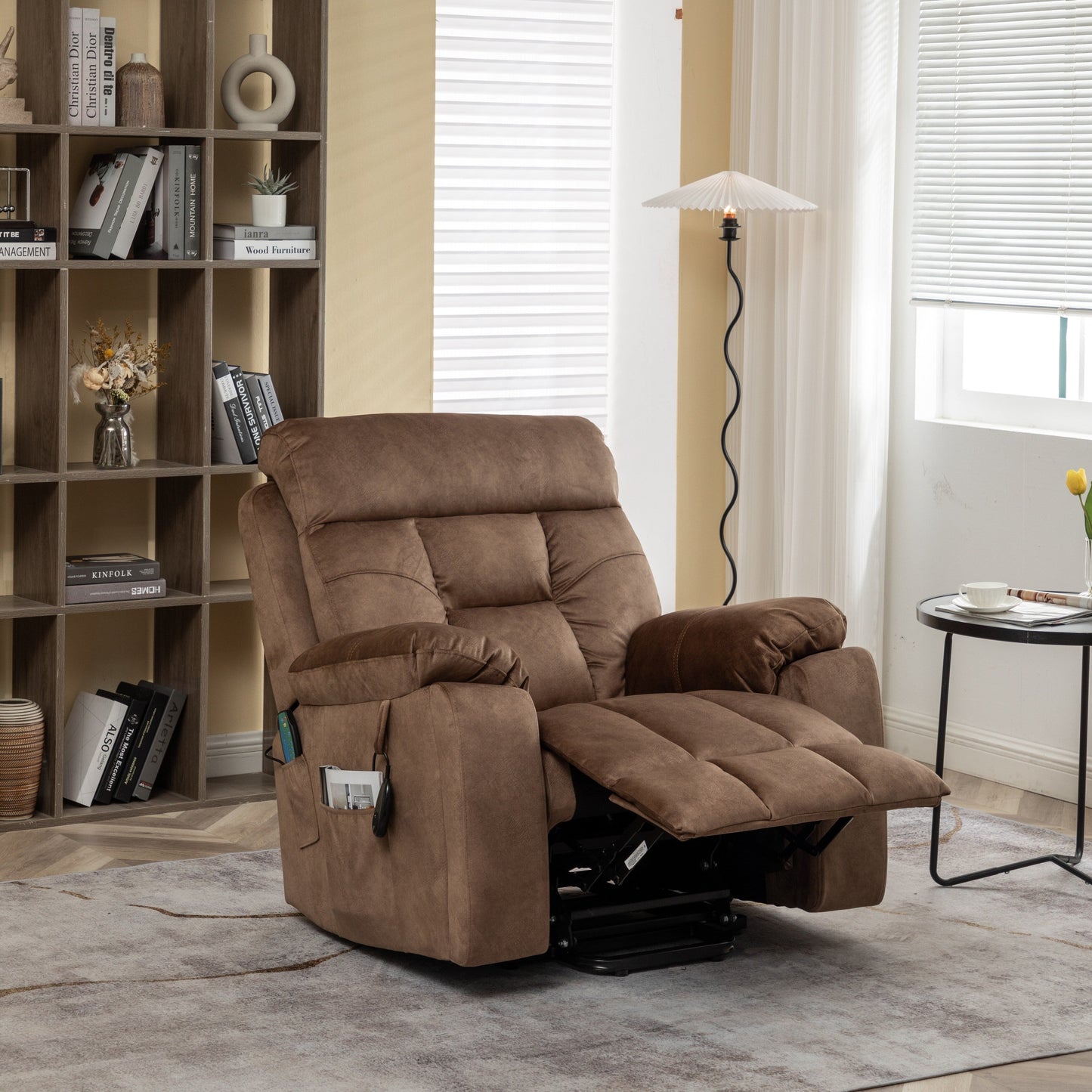 Fauteuil inclinable releveur en velours marron, massage, porte-gobelet dissimulé, poches