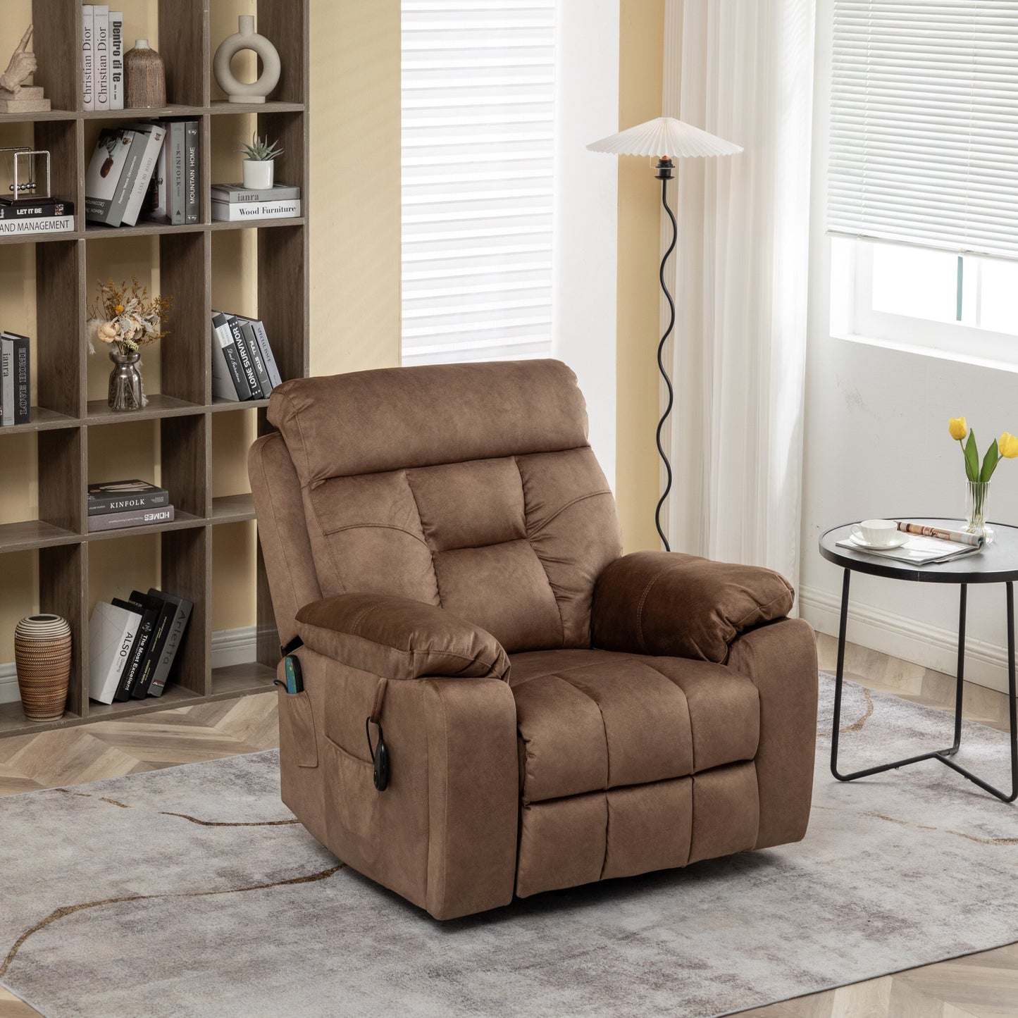 Fauteuil inclinable releveur en velours marron, massage, porte-gobelet dissimulé, poches