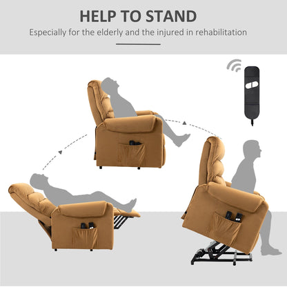 Fauteuil inclinable électrique en velours marron avec massage par vibration, cadre en acier robuste, télécommande et poches latérales