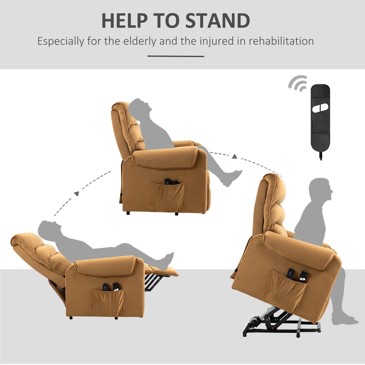 Fauteuil inclinable électrique en velours marron avec massage par vibration, télécommande, poches latérales et cadre en acier durable