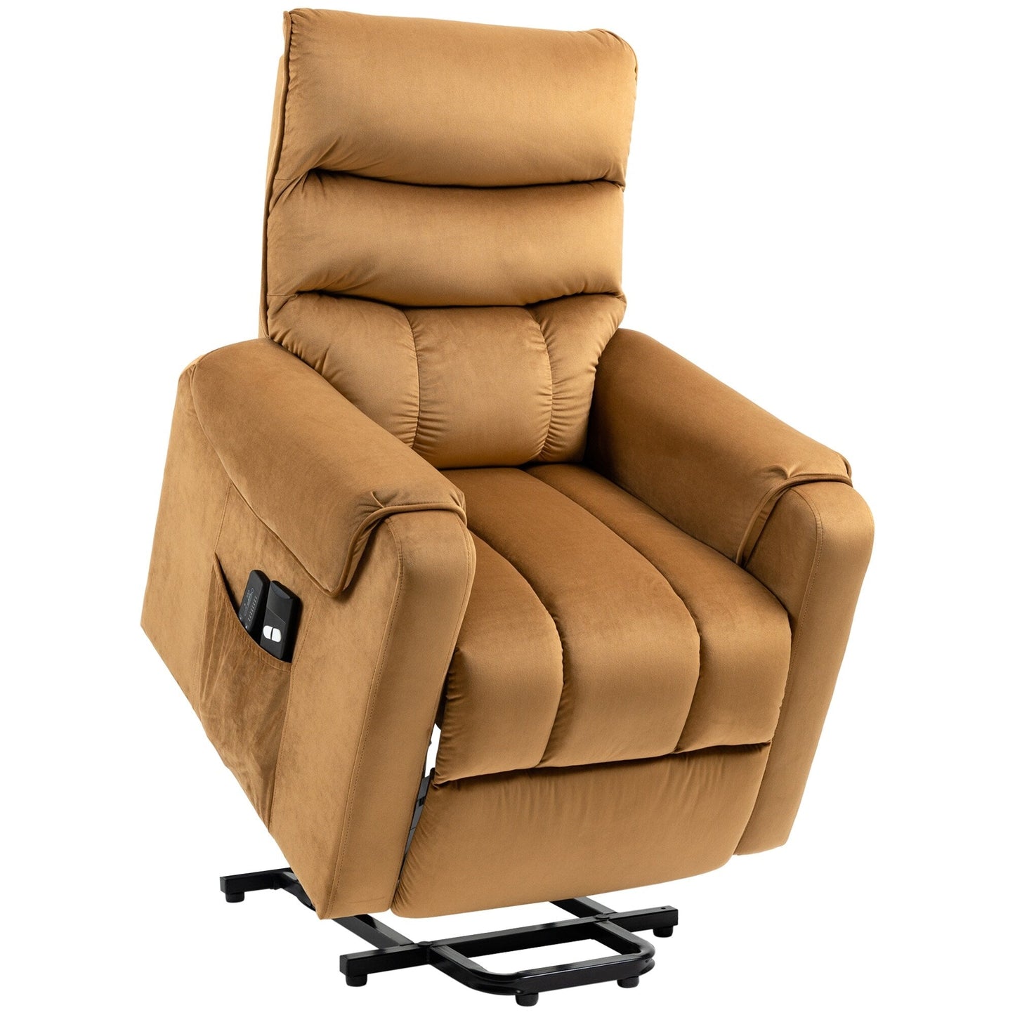 Fauteuil inclinable électrique rembourré en velours marron avec massage par vibration, télécommande, poches latérales et inclinaison réglable