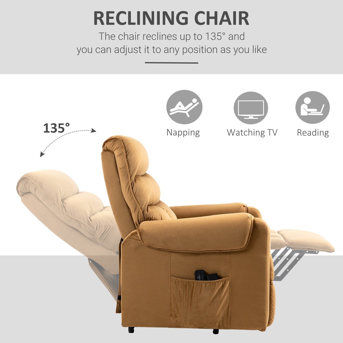 Fauteuil inclinable électrique rembourré en velours marron avec massage par vibration, télécommande, poches latérales et inclinaison réglable