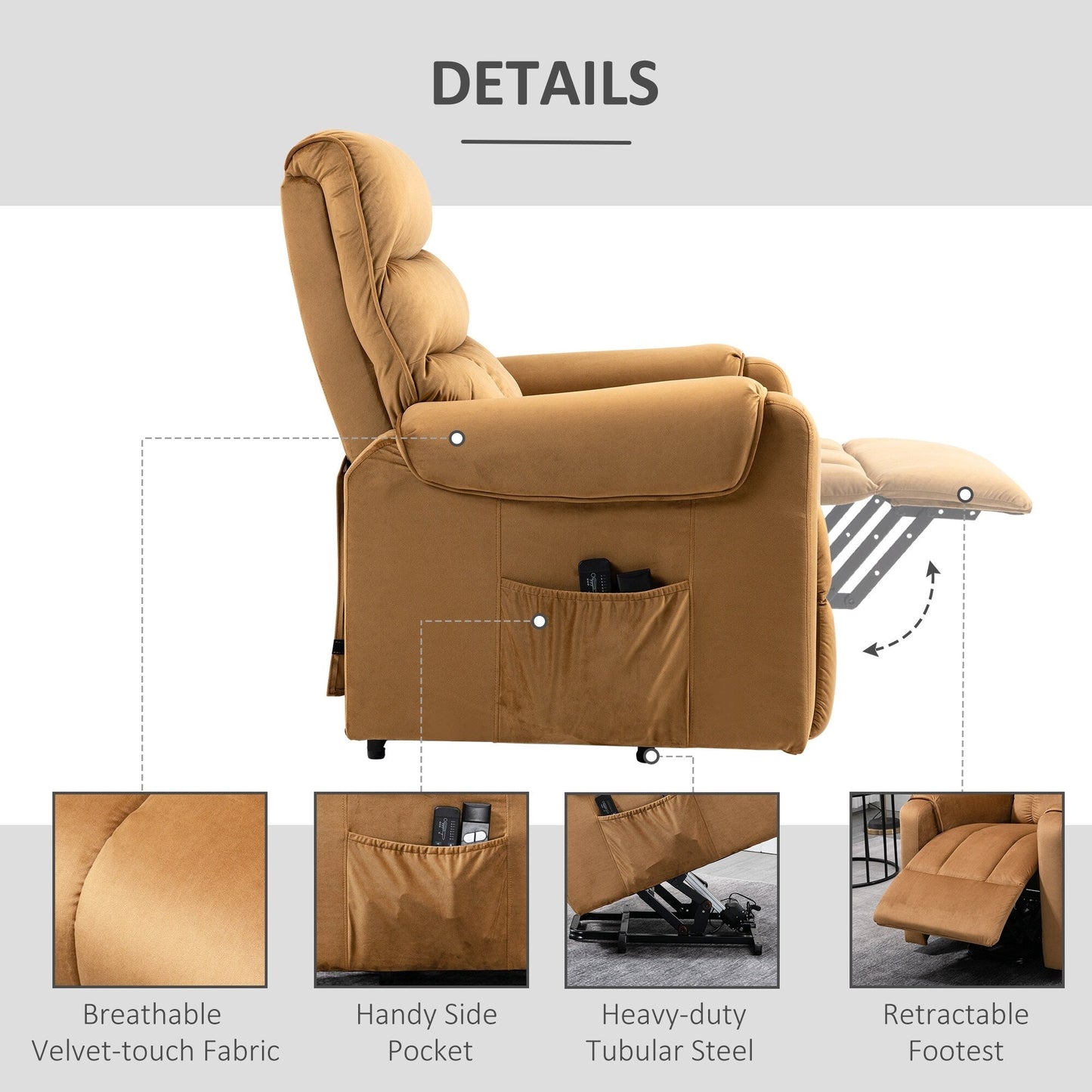 Fauteuil inclinable électrique rembourré en velours marron avec massage par vibration, télécommande, rangement latéral et position d'inclinaison réglable