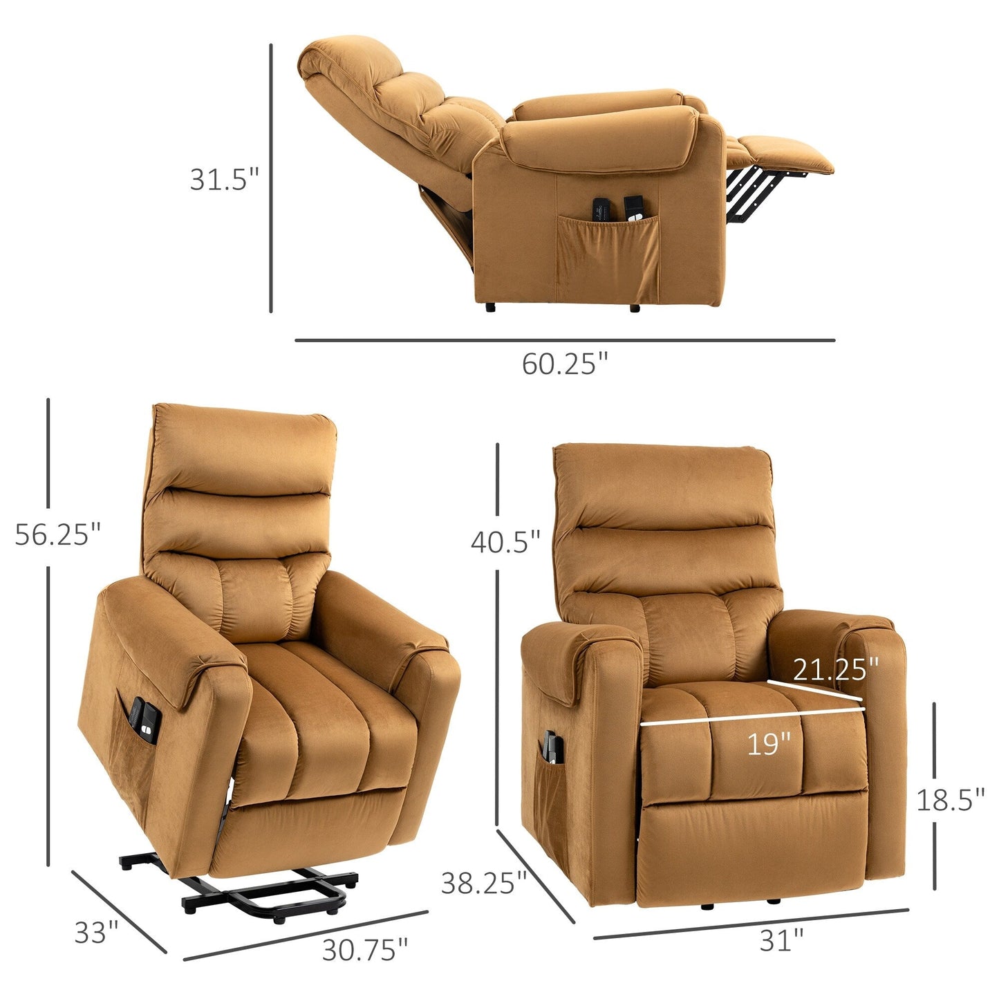 Fauteuil inclinable électrique rembourré en velours marron avec massage par vibration, télécommande, rangement latéral et position d'inclinaison réglable