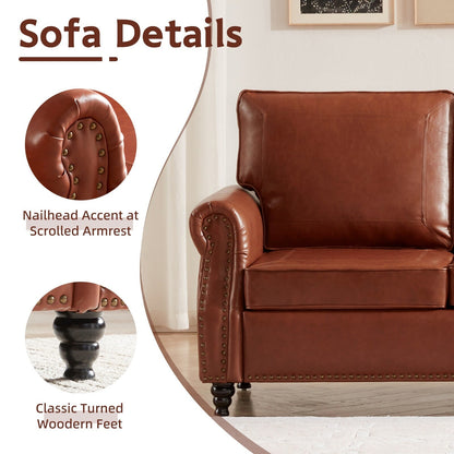 Canapé 3 places en similicuir marron et beige 79 avec accoudoirs roulés, clous et pieds en bois pour le salon