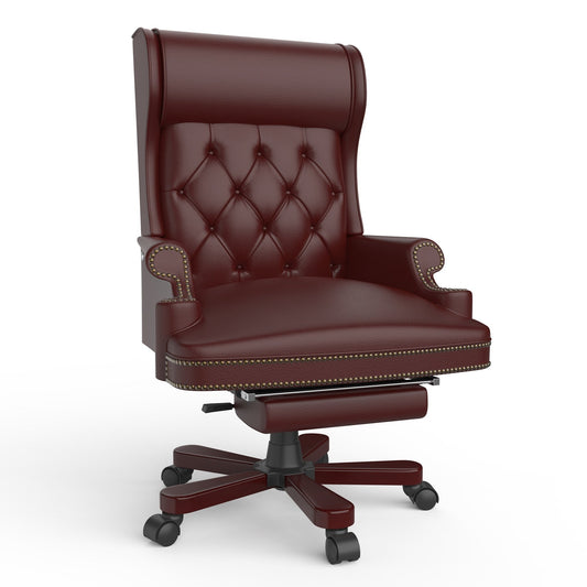 Fauteuil de bureau pivotant ergonomique en similicuir bordeaux avec repose-pieds, dossier capitonné et décoration cloutée