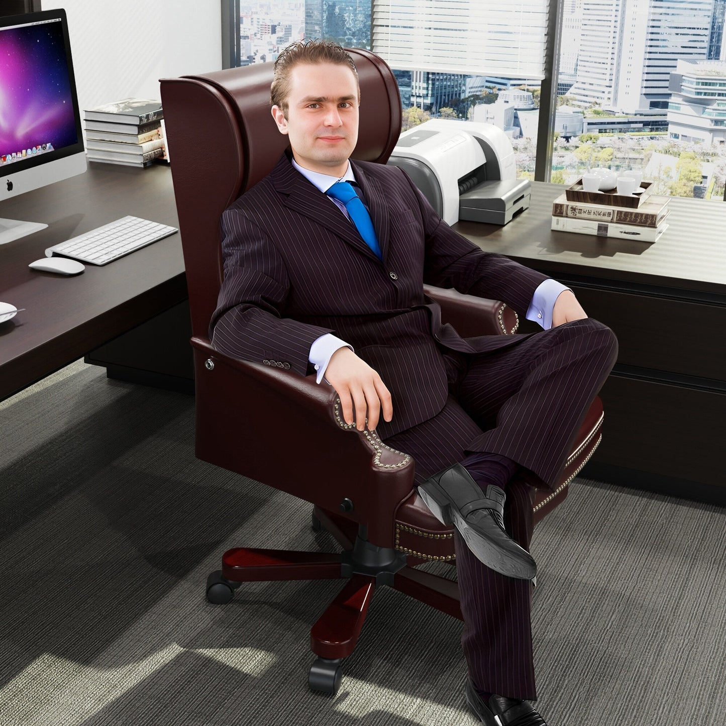 Fauteuil de bureau pivotant ergonomique en similicuir bordeaux avec repose-pieds, dossier capitonné et décoration cloutée