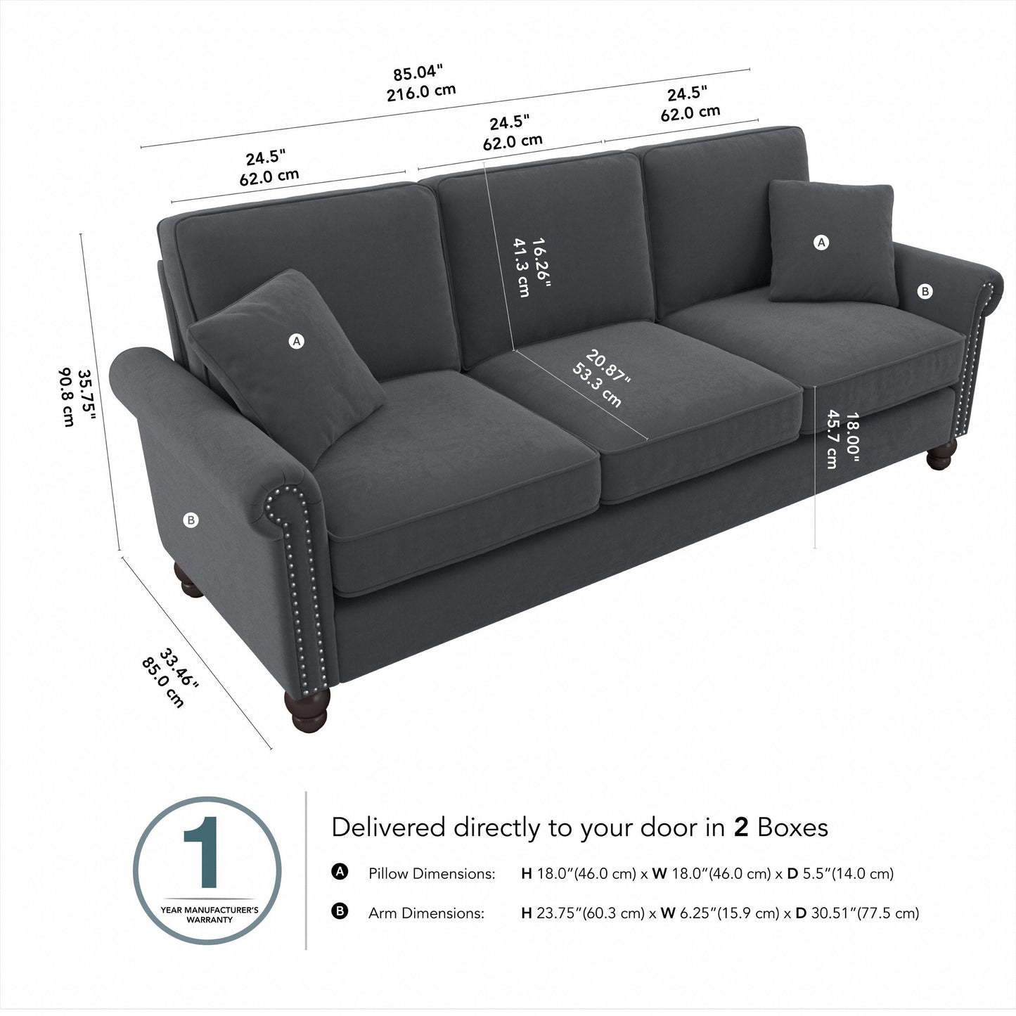 Grand canapé de salon 3 places Bush Furniture Coventry 85W