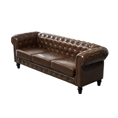 Canapé 3 places capitonné Chesterfield en cuir pour salon, avec accoudoirs roulés et 4 pieds en forme de gourde, marron