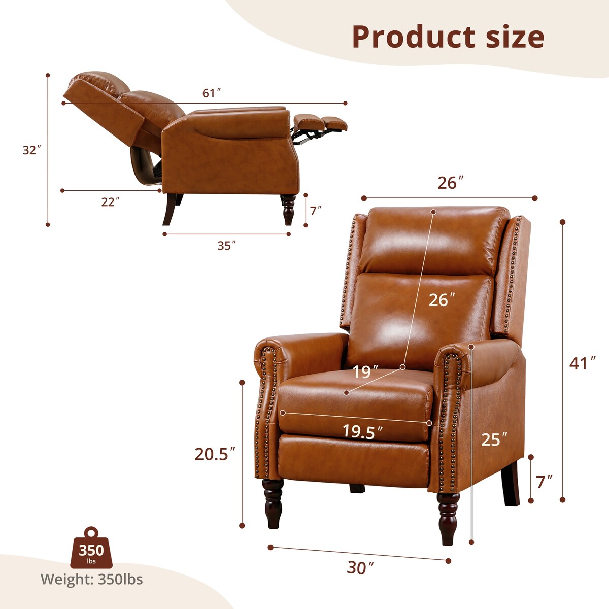 Fauteuil inclinable en cuir véritable de style milieu du siècle, réglable et confortable, lot de 2 fauteuils pour salon