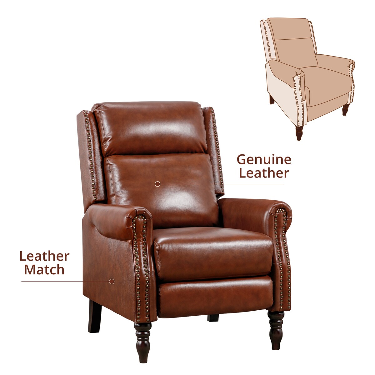 Fauteuil inclinable en cuir véritable de style milieu du siècle, réglable et confortable, lot de 2 fauteuils pour salon